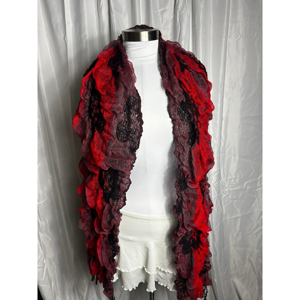 Zenzii Red Black Ruffled Mesh Scarf Textured Wrap Versatile Top Accessory